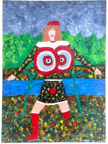 Vibrant Robert Sellers Folk Art Painting – Whimsical Figure in Floral Landscape