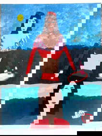 Bob Sellers Folk Art Painting – Dual Woman Figure with Wine Tray Under Moonlit Sky