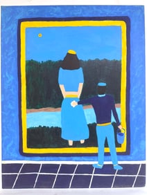 Bob Sellers Folk Art Painting – Painter Touching Figure in a Frame, Surreal Outsider Art