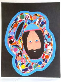 Bob Sellers Folk Art Portrait With Colorful Floating Halo – Outsider Art Painting on Board