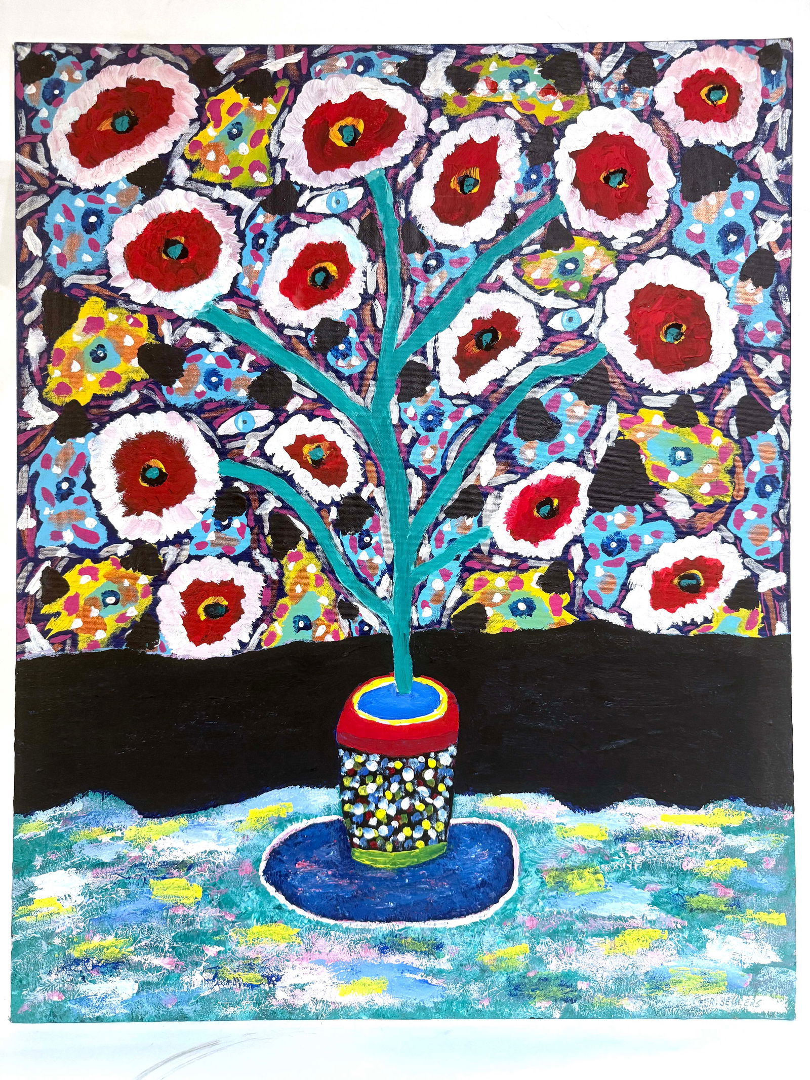 Bob Sellers Folk Art Floral Painting – Bold Bouquet With Patterned Background, Outsider Art (1 of 3)