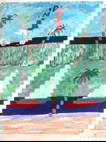 Bob Sellers Folk Art Beach Scene – Woman on Car, Sailboats & Palm Trees, Outsider Coastal Painting