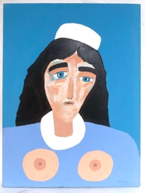 Blue-Eyed Figure in Blue Dress on Bright Blue Background by Bob Sellers