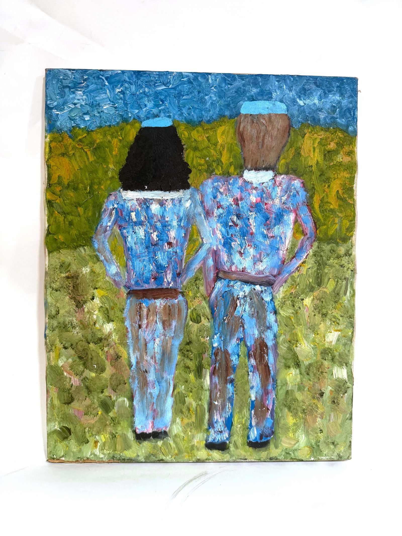 Bob Sellers Folk Art Painting – Two Figures in Blue Standing in Landscape (1 of 3)