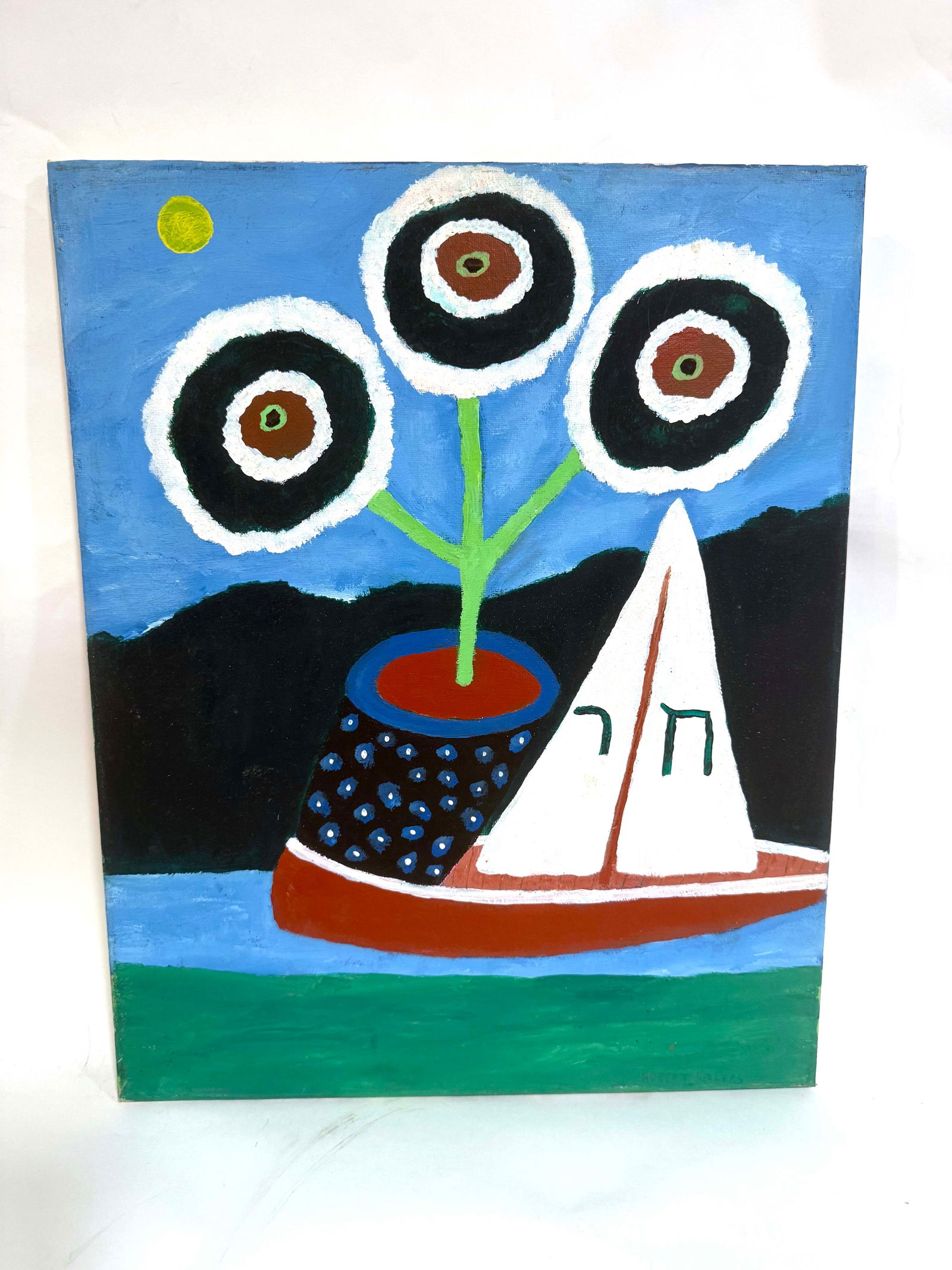 Bob Sellers Folk Art Painting – Sailboat with Flowers & Hebrew Letters (1 of 3)