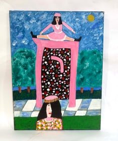 Bob Sellers Folk Art Painting – Acrobat on Pink Arch with Hebrew Letter & Woman Below