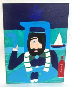 Bob Sellers Folk Art Painting – One-Eyed Rabbi with Hebrew Letter & Wine Bottle