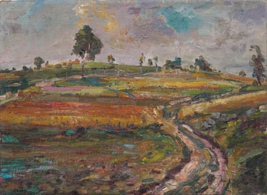 Vintage Japanese Impressionist Signed Landscape Sunset Wild Flower Oil Painting