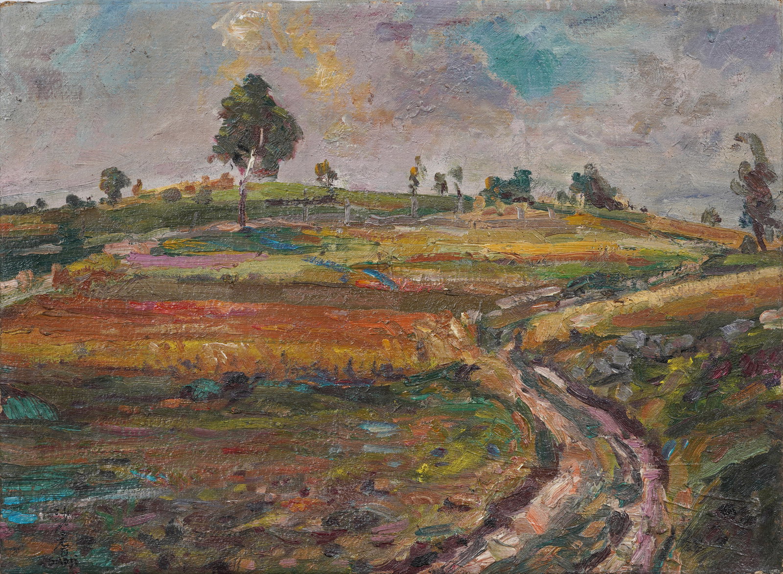 Vintage Japanese Impressionist Signed Landscape Sunset Wild Flower Oil Painting (1 of 10)