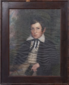 ATTR James S. Hathaway (fl. 1830-40s)  Antique American Realist Young Boy Frame Portrait Painting