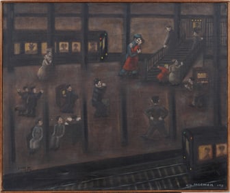 William Roseman Signed 1958 "Love in the Subway" Social Realist Framed Modern Oil Painting