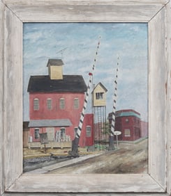 Edna Annabelle Bottorf (Born 1901) Vintage American Modernist WPA Train Track Oil Painting
