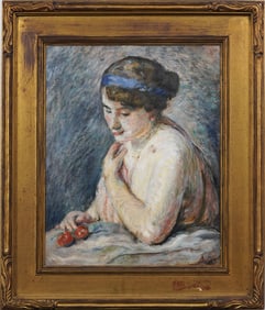 Antique American Impressionist Monogrammed "A.C." Framed Oil Painting Woman Portrait Painting