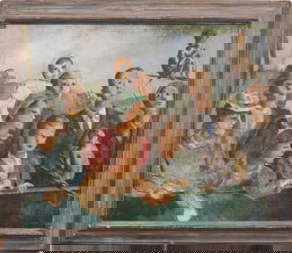 Vintage American Modernist WPA Ashcan School "Day at the Zoo" Framed Oil Painting