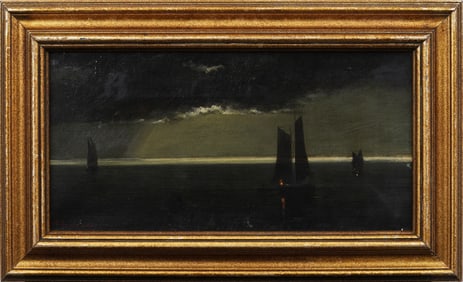 Antique American Luminous Sunset Nocturnal Seascape Framed Coastal Sailboats Oil Painting