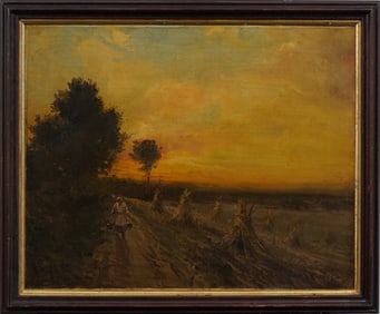 John Evers Signed Antique Long Island Impressionist Sunset Haystack Landscape Framed Oil Painting