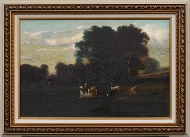 Antique American Hudson River School Sunset Cow Grazing Landscape 19th Century Oil Painting