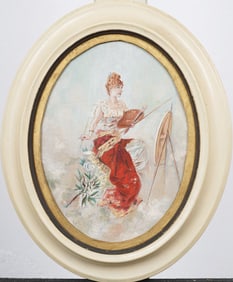 Antique 19th Century European Female Artist Self Portrait Interior Scene Framed Oil Painting