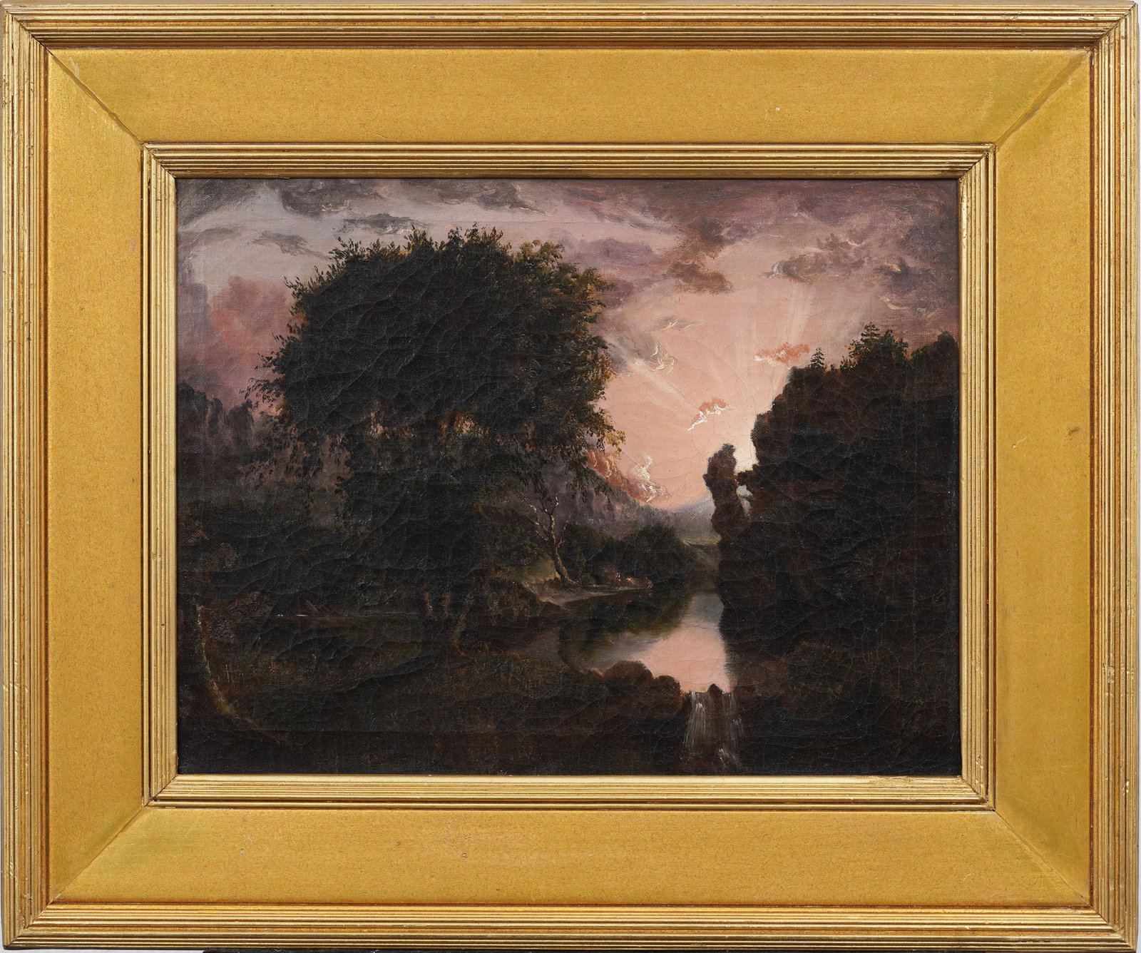 Antique Hudson River School American Landscape Oil Painting Dramatic Sunset Scene Framed (1 of 7)