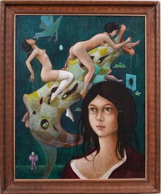 Vintage Surreal Modernist Erotic Interior Scene Nude Woman Portrait Framed Oil Painting