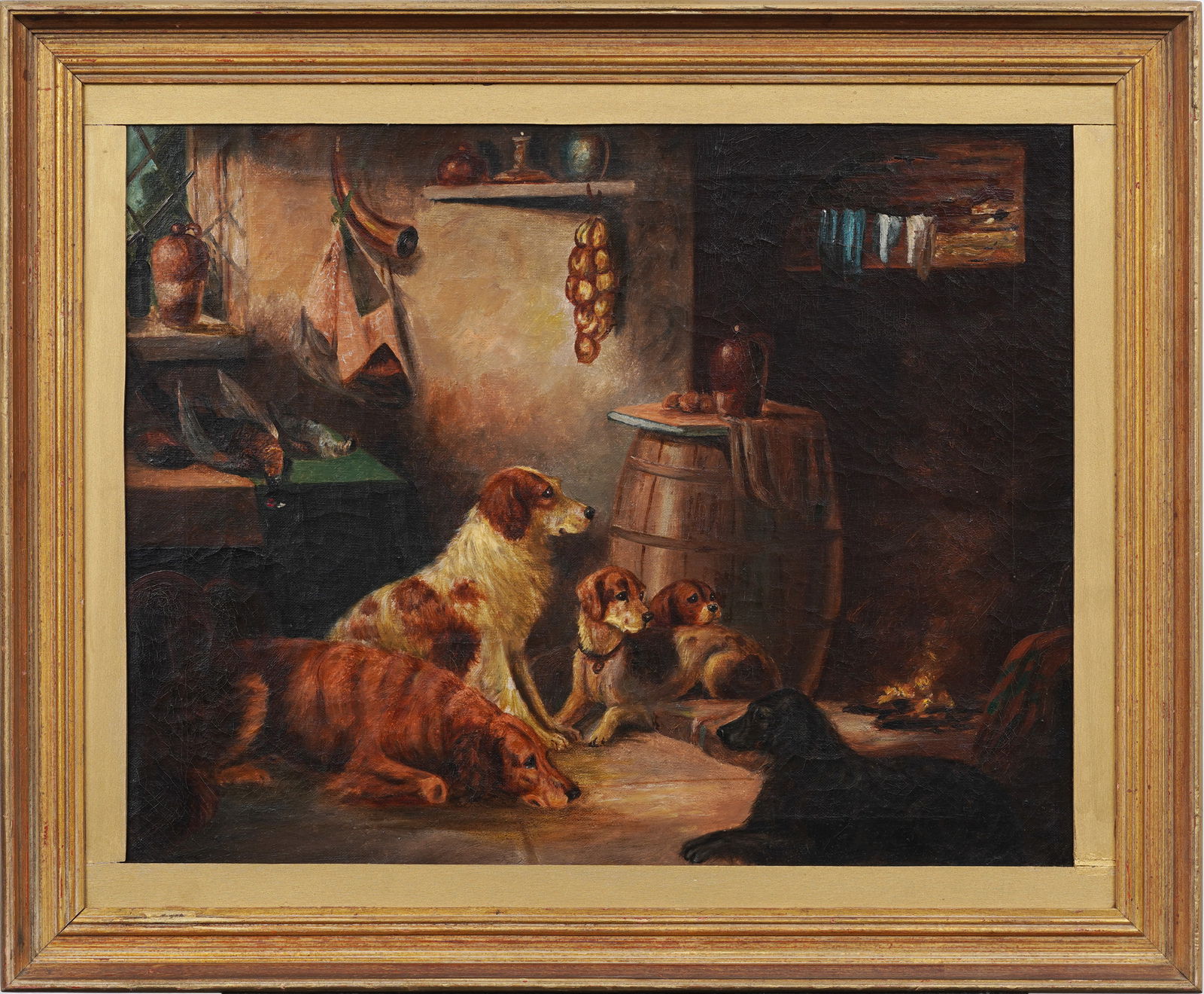 Vintage European School Dog Scene Signed Interior Oil on Canvas Painting Framed (1 of 8)