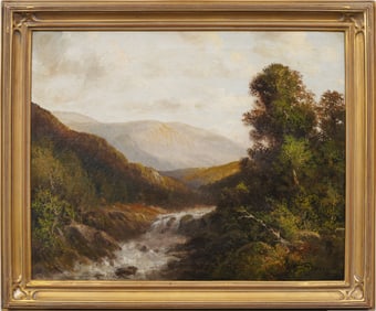 Antique American Hudson School Mountain River Scene Signed Framed Landscape Oil Painting