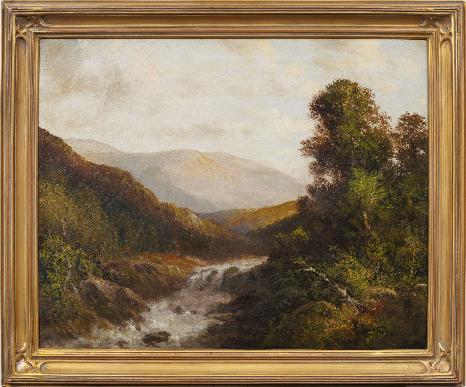 Antique American Hudson School Mountain River Scene Signed Framed Landscape Oil Painting (1 of 8)