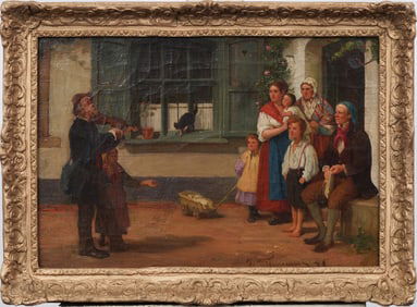Joseph Tonneau Antique European Genre Scene Signed Violinist Portrait Scene Framed Oil Painting