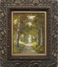 Vintage Signed Woodland Path Scene European Landscape Oil Painting in Ornate Frame