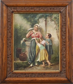 Antique American Genre Scene "M Jouett" Signed Mother Children Bird Portrait Framed Oil on Canvas