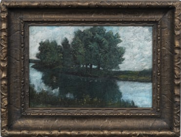 Antique European Barbizon School Landscape Signed Riverbank Scene Framed French Oil Painting