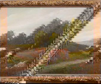 Vintage  American School Pastoral Landscape Framed Original Oil Painting with Cows Grazing
