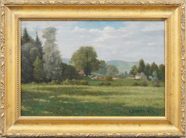 Claudius Dubiez 1854-1902 Signed Pastoral Landscape Village Meadow Scene Framed Oil Painting