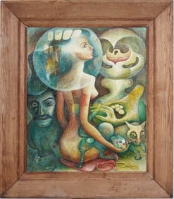 Lydia Kirillova (1931- 2023) Vintage Signed Surreal Modernist Woman Cat Portrait Framed Oil Painting