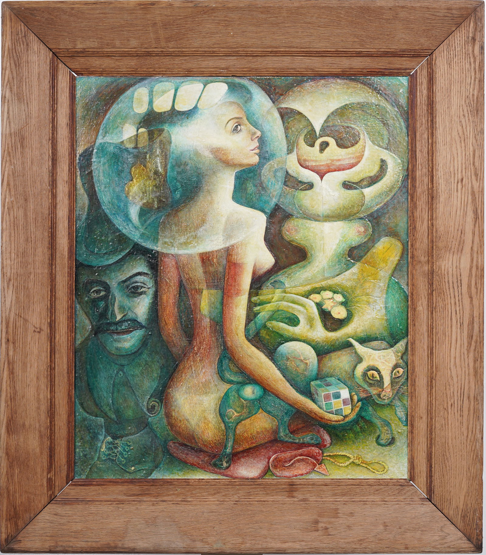 Lydia Kirillova (1931- 2023) Vintage Signed Surreal Modernist Woman Cat Portrait Framed Oil Painting (1 of 8)