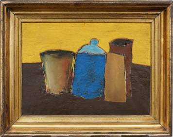 Mid-Century Modern Abstract Still Life Bold Color Blocks Framed Original Oil Painting