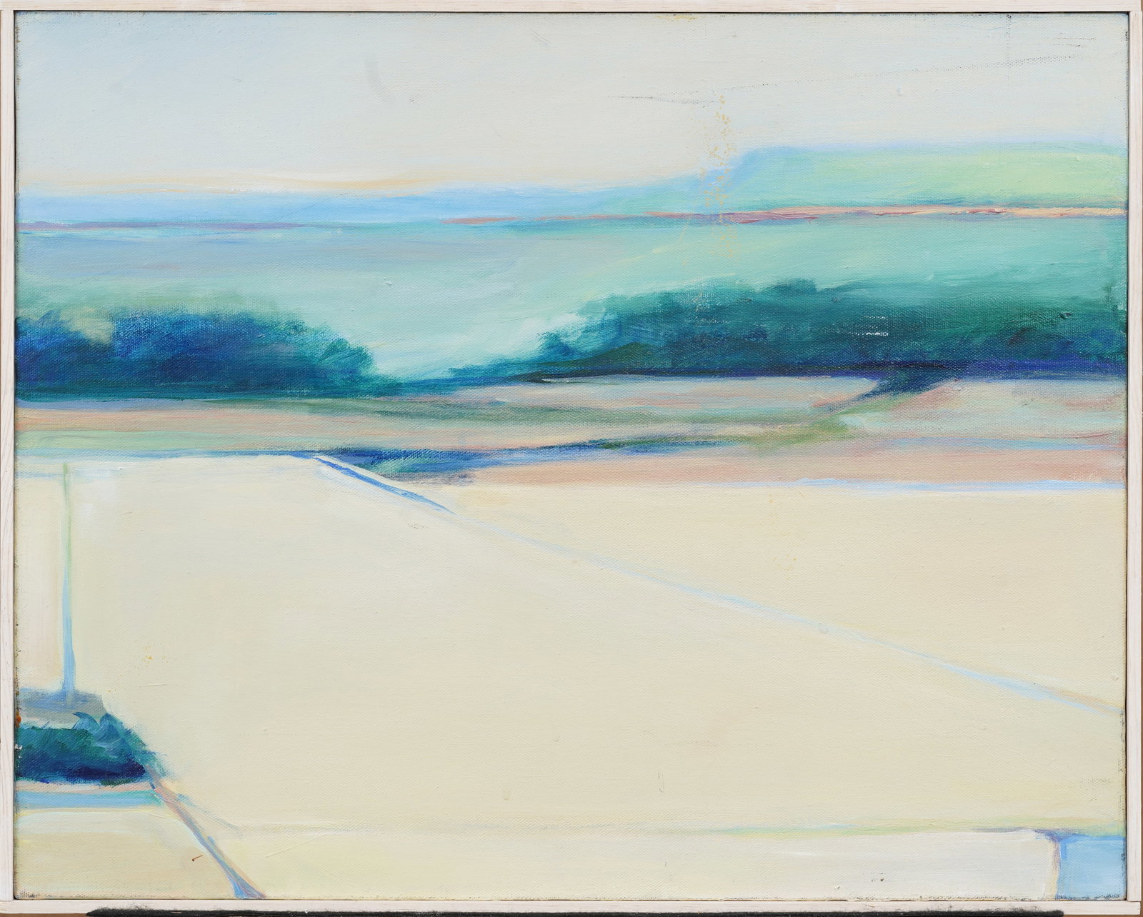 Vintage American Modernist Abstract Landscape MCM Oil Painting: Vintage American oil painting. Measuring: 16.5 by 20.5 inches overall, and 16 by 20 painting alone. Please see all images for condition. Size is measured and written on the back of the painting or nex