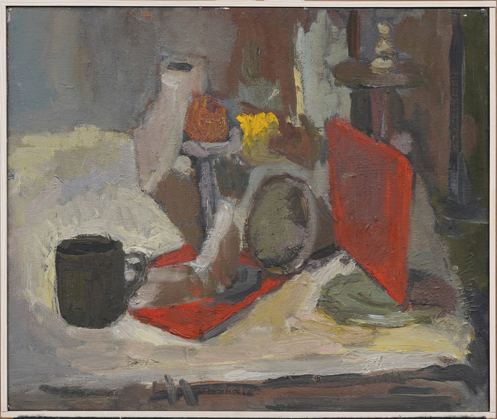 Vintage Abstract Modernsist Still Life Oil Painting Earthy Palette & Thick Brushwork Original: Vintage American oil painting. Measuring: 15.5 by 18.5 inches overall, and 15 by 18 painting alone. Please see all images for condition. Size is measured and written on the back of the painting or nex