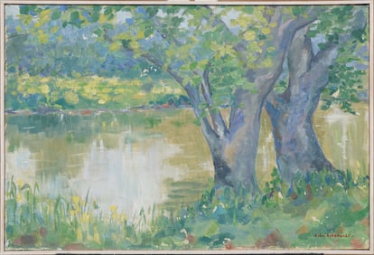 Lola Lenhardt Signed Vintage American Impressionist Framed River Landscape Scene Oil Painting