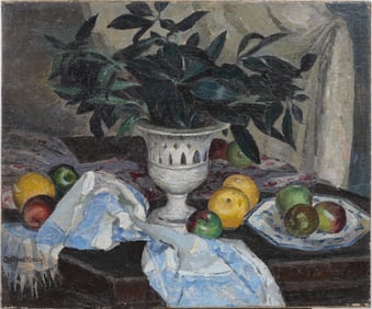 Vintage Signed American Impressionist Still Life Fruit Centerpiece Tabletop Original Oil on Canvas