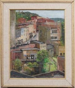 Elsinore Budd Vintage American Impressionist Winding Cliff Town Signed Framed Landscape Oil Painting