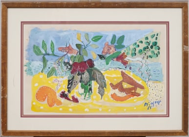 Signed 1985 Modernist Gouache Painting Colorful Abstract Seaside Fauvist Fruit Still Life Abstract