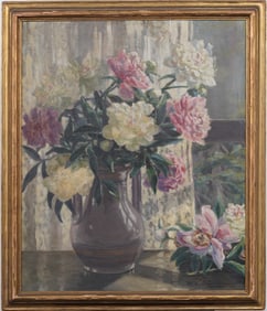 Mary Horton Adriance 1866-1941 Vintage Impressionist Floral Still Life Vase of Peonies Oil Painting