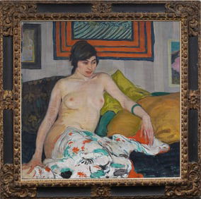 Large Vintage American Impressionist Nicely Framed Nude Woman Interior Scene Portrait Oil Painting