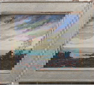 Antique American School Impressionist Sunset Landscape Silver Leaf Frame Oil on Canvas Painting