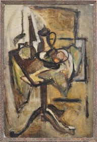 Z. Lowe Signed Vintage American Abstract Modernist Cubist Still life Interior Scene Oil Painting