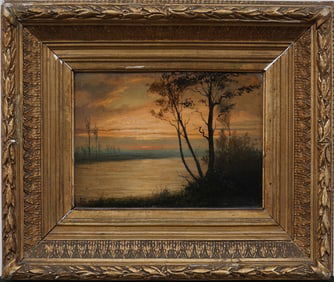 Antique Monogrammed Blazing Sunset Landscape Signed Oil Painting Nicely Framed Original