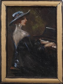 Vintage American Impressionist Portrait of Woman at Piano Framed Oil Painting
