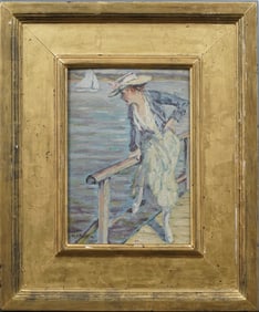 Signed Antique American Impressionist Oil Painting of Woman on Dock Framed Original
