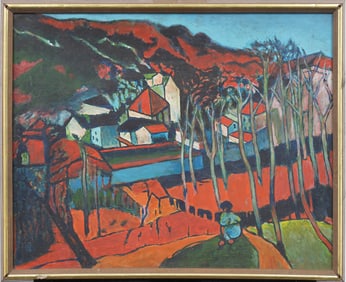 Vintage Fauvist European Coastal Village Landscape Modern Art Oil Painting